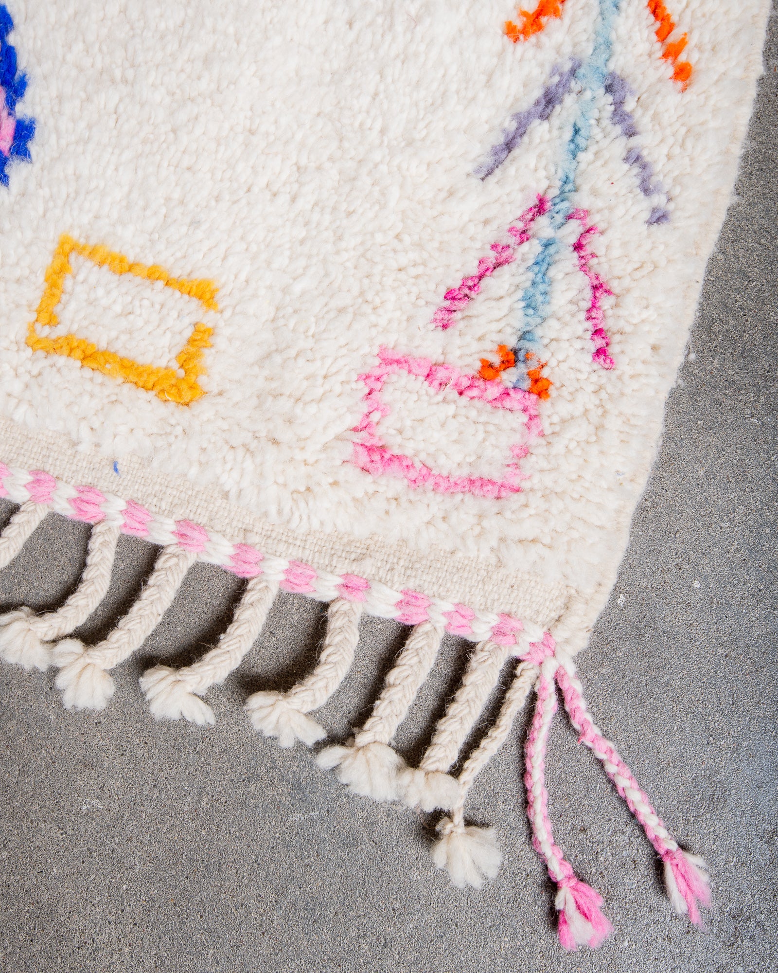 Modern, designer, handcrafted Berber rug from Morocco. Beniourain carpet with beautiful colours and patterns and fluffy wool texture.